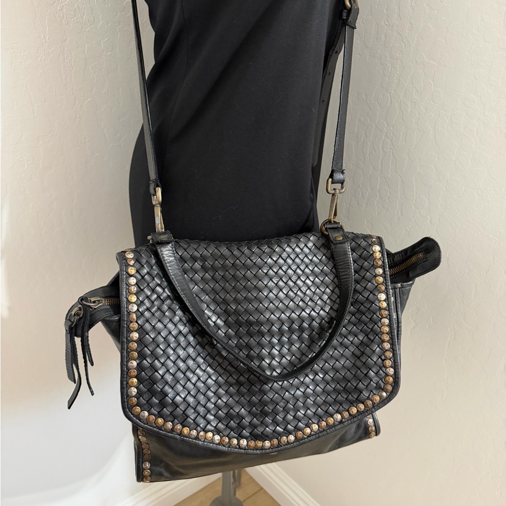 Black Woven Shoulder Bag with Studded Trim